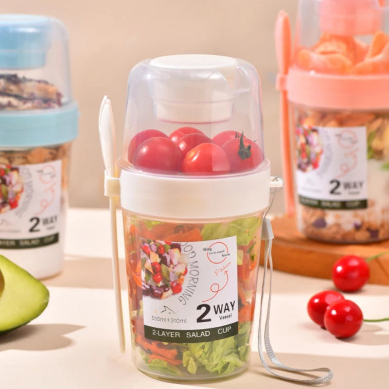 Portable Double-Layer Salad Cup Oatmeal Cereal Nut Yogurt Salad Cup Container Set With Fork School Lunch Box Food Storage Box