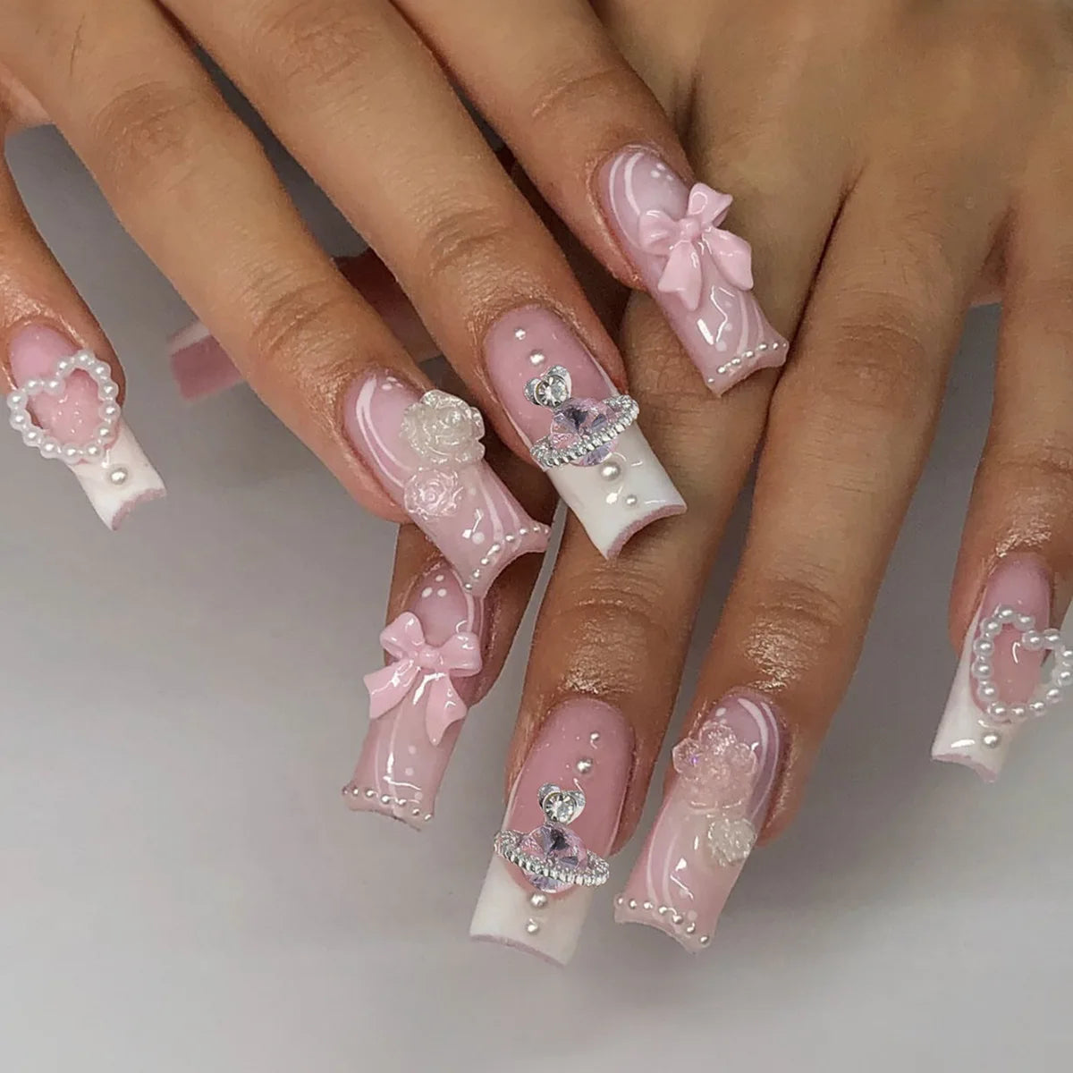 24Pcs Leopard Print Design False Nails with Bow Rhinestone Long Square Press on Nails Wearable French Ballet Fake Nail Tips
