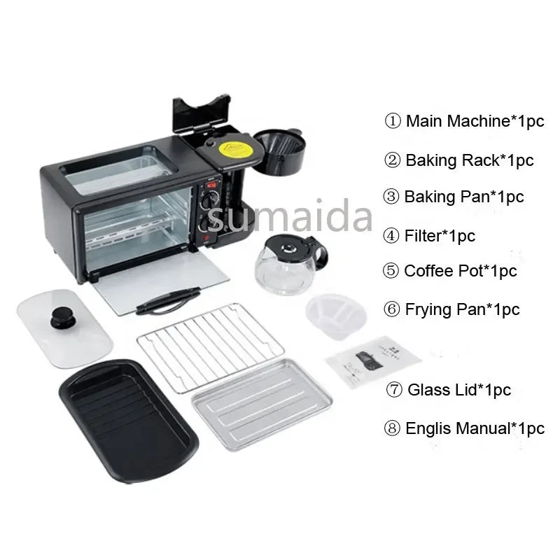 Home Use 3 In 1 Breakfast Makers Multi Function Breakfast Machine with Electric Heater 9L Toaster Oven Coffee Maker Frying Pan