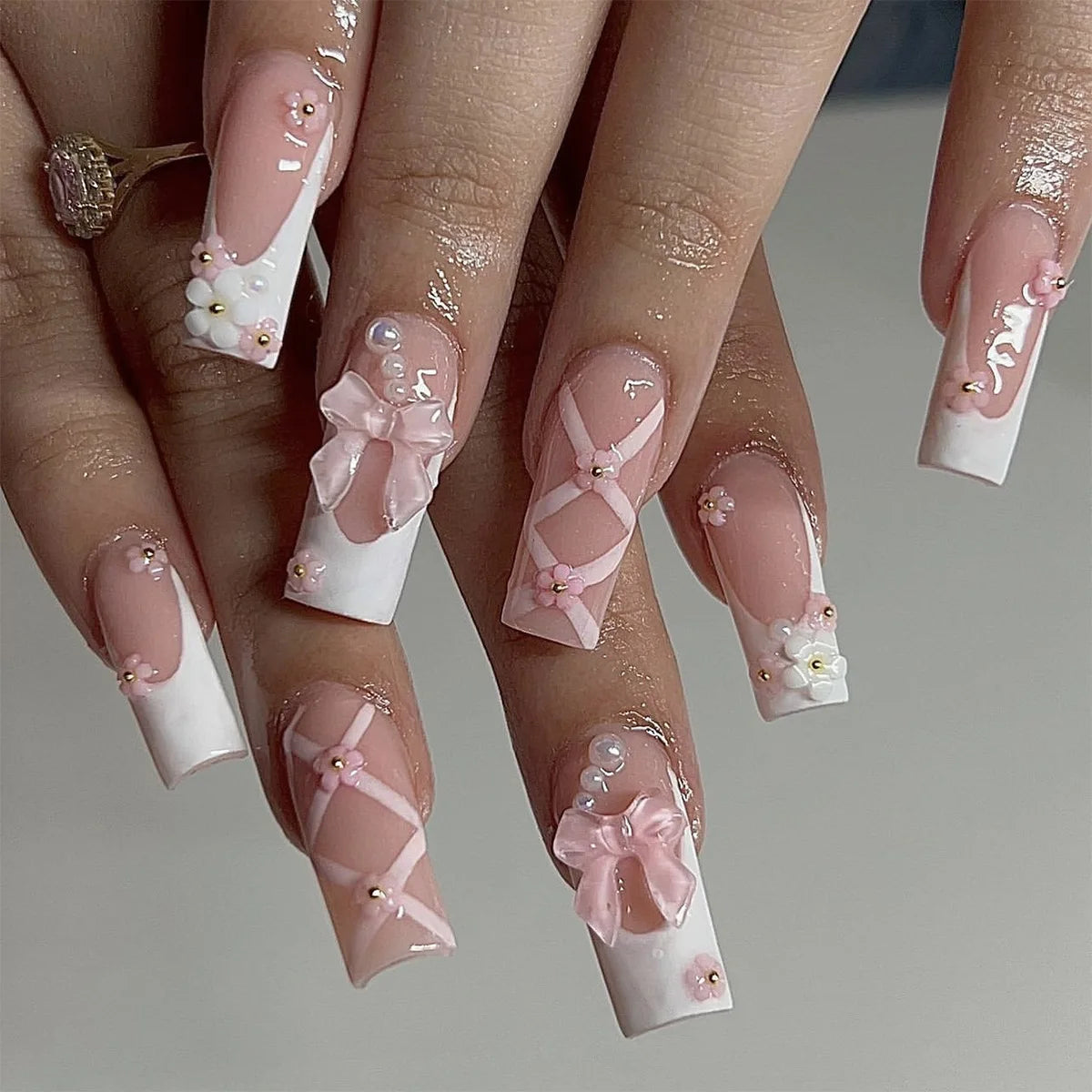 24Pcs Leopard Print Design False Nails with Bow Rhinestone Long Square Press on Nails Wearable French Ballet Fake Nail Tips