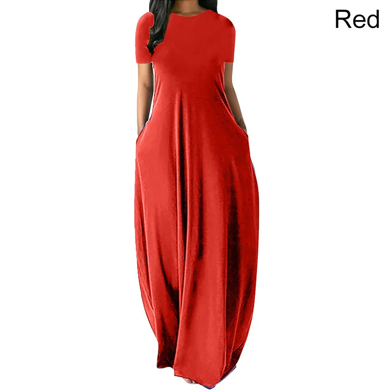 Women’s Oversize Long Dress Casual Solid Color O-Neck Pockets Summer Dress Female Plus Size Short Sleeve High Waist Maxi Dresses