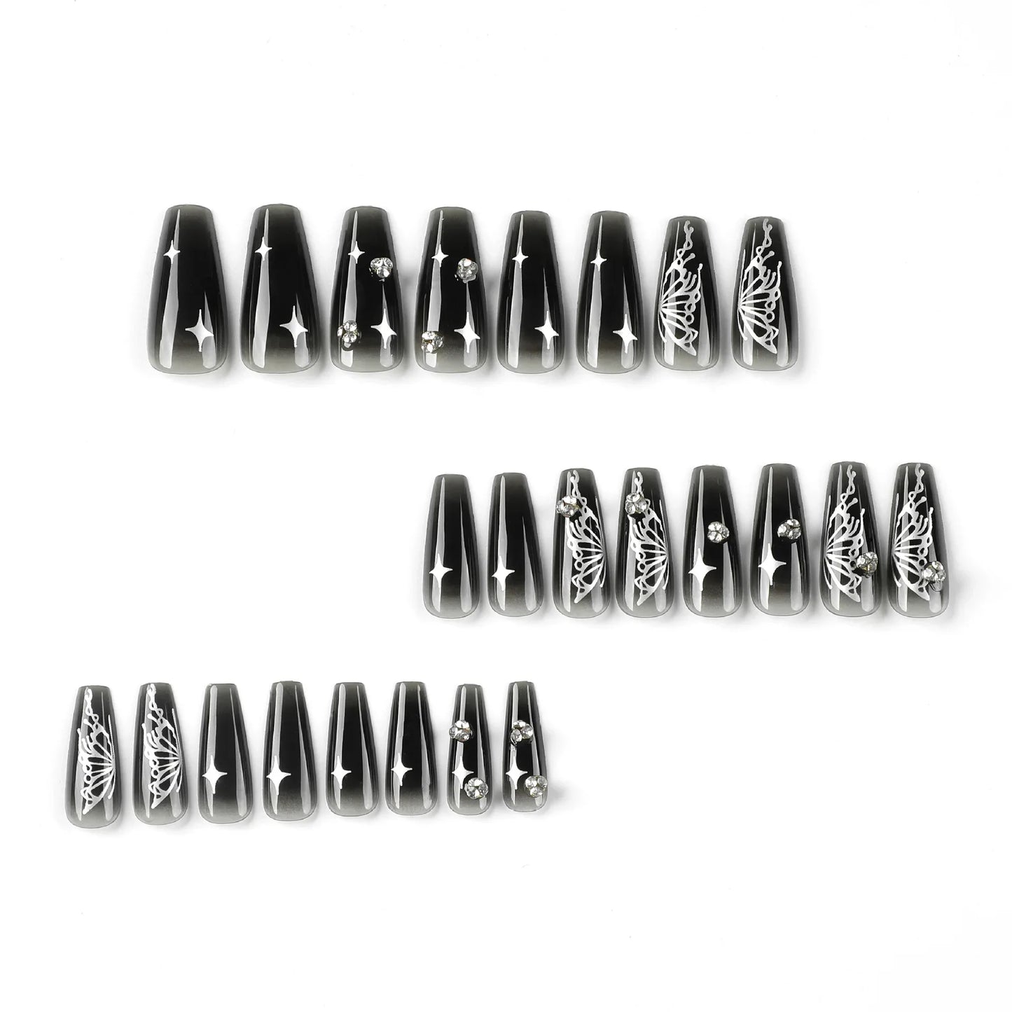 Silver Butterfly Shiny Rhinestone Wearable Translucent Black T-shaped Fake Nails Finished False Nails Press on Nails with Glue