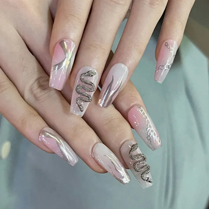 Silver Butterfly Shiny Rhinestone Wearable Translucent Black T-shaped Fake Nails Finished False Nails Press on Nails with Glue