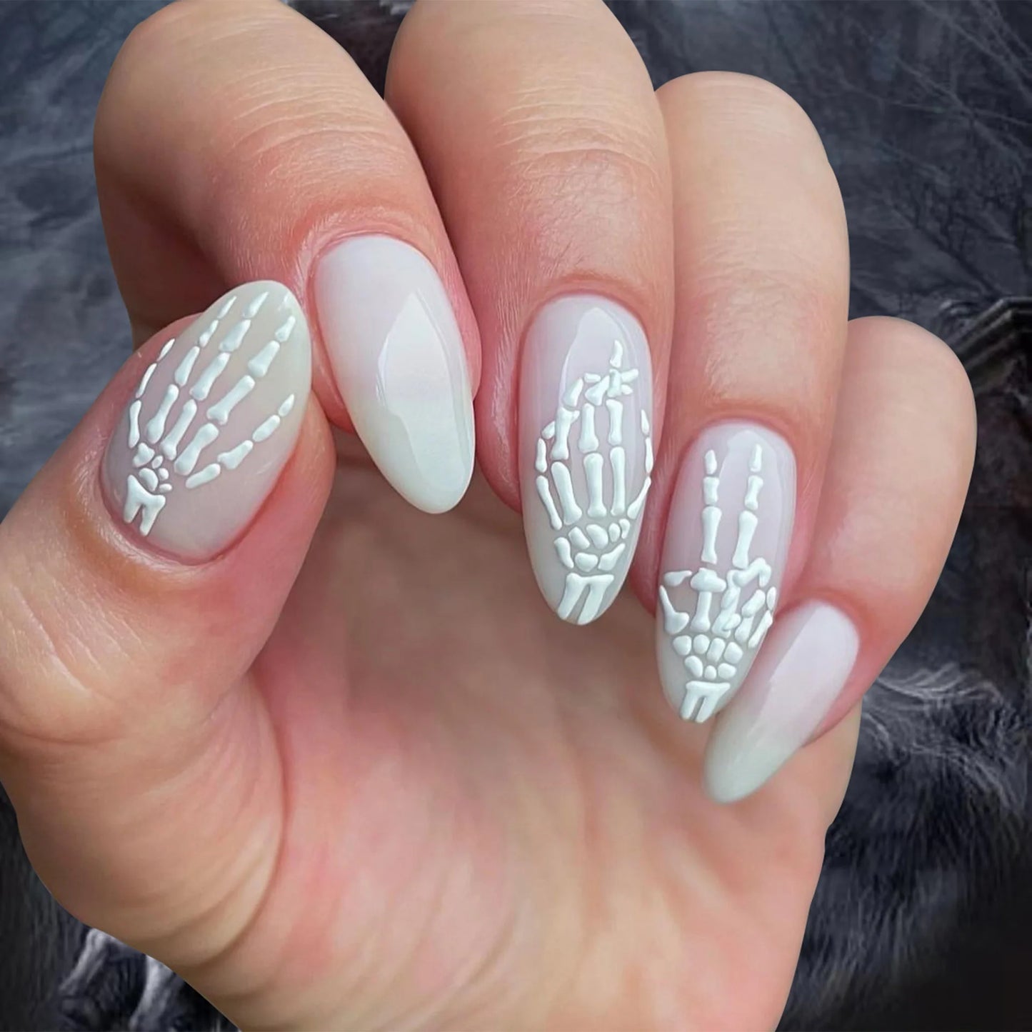24Pcs Halloween Ghost Press on Nails Personalized Cobweb Pattern Teardrop Nails Full Cover False Nail for Women&Girls Party Wear