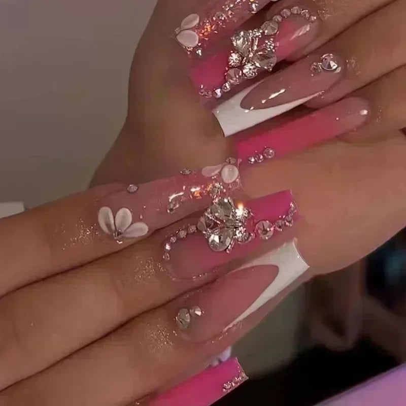 24Pcs Pink French False Nails French with Rhinestone Acrylic Fake Nail Tips Detachable Coffin Press on Nails Full Cover Manicure