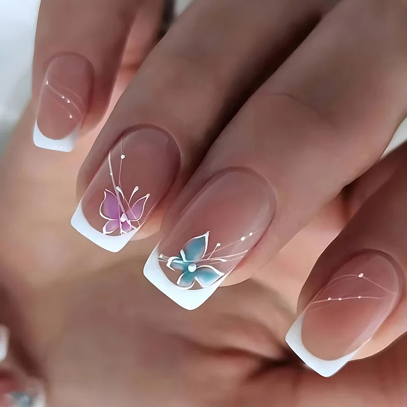 Glossy Press On Nails Set Short Oval Shiny Gradient French Nail Art Design Reusable Full Cover Fake Nails With Glue For Girls