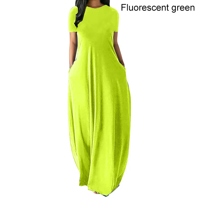 Women’s Oversize Long Dress Casual Solid Color O-Neck Pockets Summer Dress Female Plus Size Short Sleeve High Waist Maxi Dresses