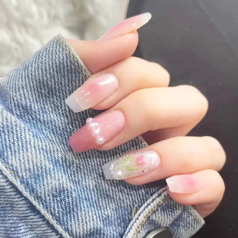24Pcs/Box Gradient Color Artifical Press On Nails With Glue Long Coffin Fake Nails Lovely Girls Nail Art Ballerina False Nails