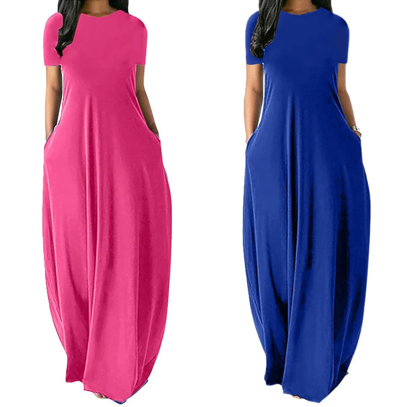 Women’s Oversize Long Dress Casual Solid Color O-Neck Pockets Summer Dress Female Plus Size Short Sleeve High Waist Maxi Dresses