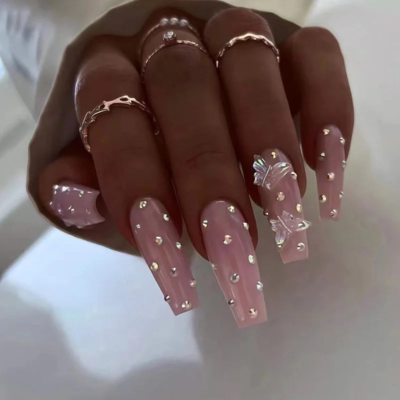 24Pcs Leopard Print Design False Nails with Bow Rhinestone Long Square Press on Nails Wearable French Ballet Fake Nail Tips