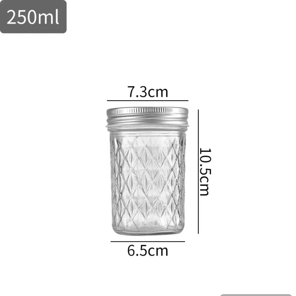 Transparent Mason Jar Diamond Pattern Labelable Glass Sealed Bottle 120ml/250ml/280ml/350ml/450ml/650ml Glass Jam Juice Bottle