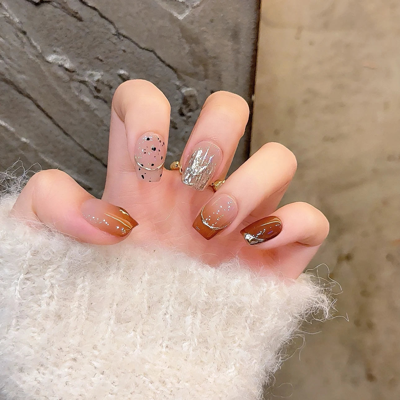 10Pcs Gradient Brown Coffin False Nails Long Ballet Fake Nails with French Edge Design Glitter Wearable Press on Nails Manicure