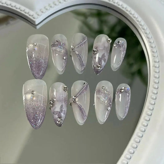 Handmade Press on Nails Purple Fake Nails with Butterfly Sparkling False Nails Sweet Acrylic Full Cover Almond Nails