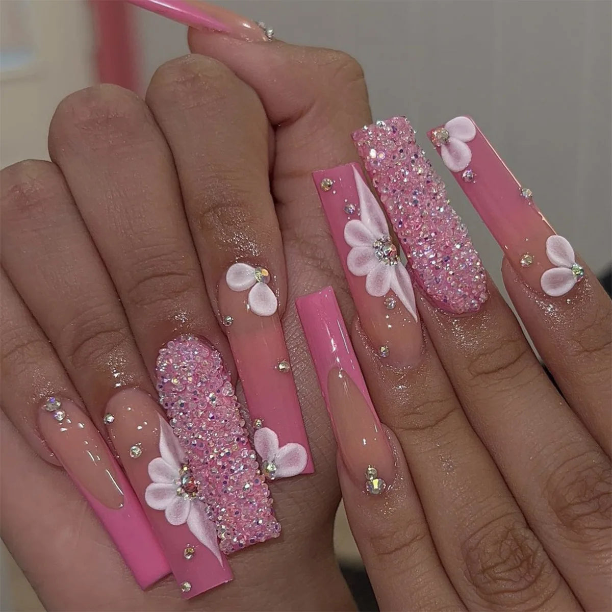 24Pcs Leopard Print Design False Nails with Bow Rhinestone Long Square Press on Nails Wearable French Ballet Fake Nail Tips