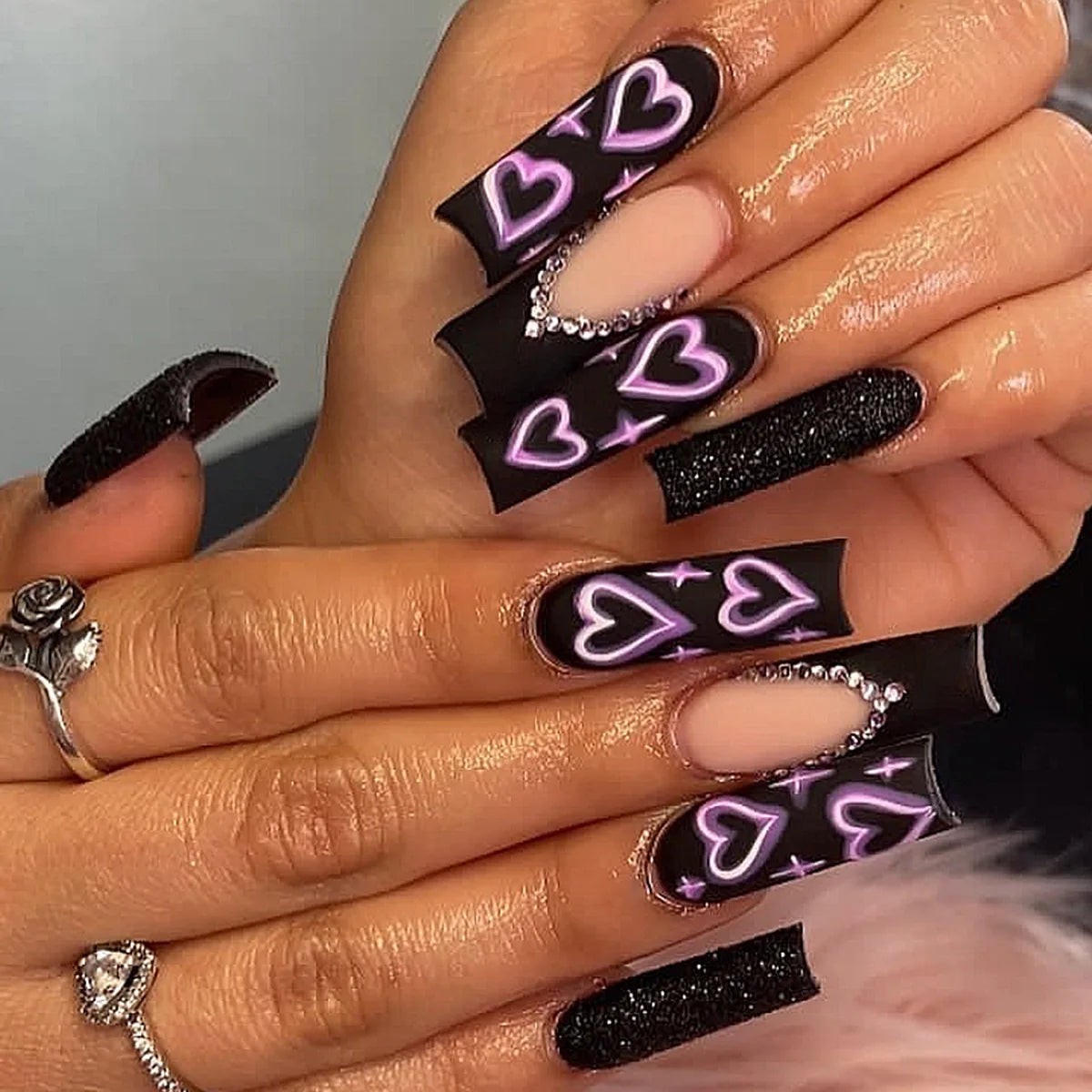 24Pcs Leopard Print Design False Nails with Bow Rhinestone Long Square Press on Nails Wearable French Ballet Fake Nail Tips