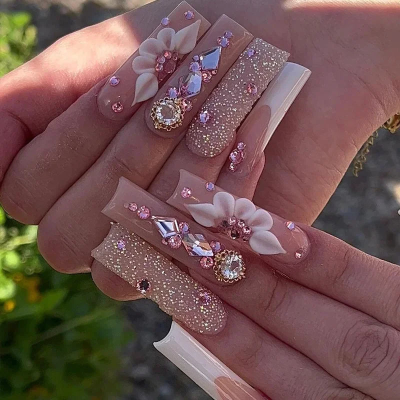 24Pcs Pink French False Nails French with Rhinestone Acrylic Fake Nail Tips Detachable Coffin Press on Nails Full Cover Manicure