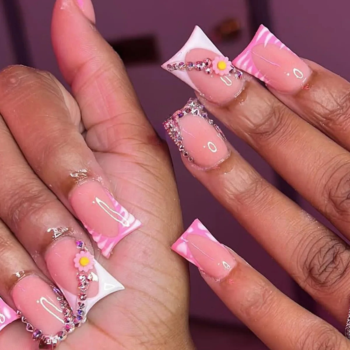 24pcs French Crystal Design False Nail Patches New Duckbill Shaped Fake Nails Full Cover Wearable Square Head Press on Nails