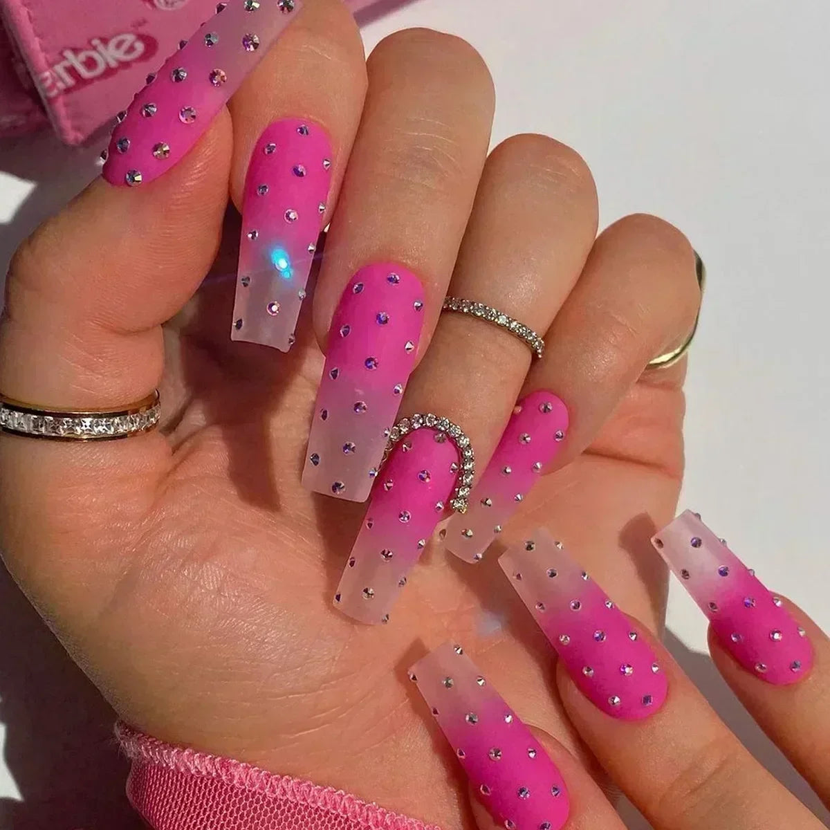 24Pcs Pink French False Nails French with Rhinestone Acrylic Fake Nail Tips Detachable Coffin Press on Nails Full Cover Manicure