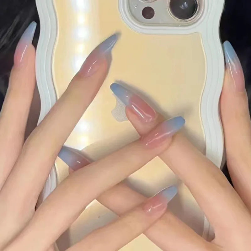 24Pcs/Box Gradient Color Artifical Press On Nails With Glue Long Coffin Fake Nails Lovely Girls Nail Art Ballerina False Nails
