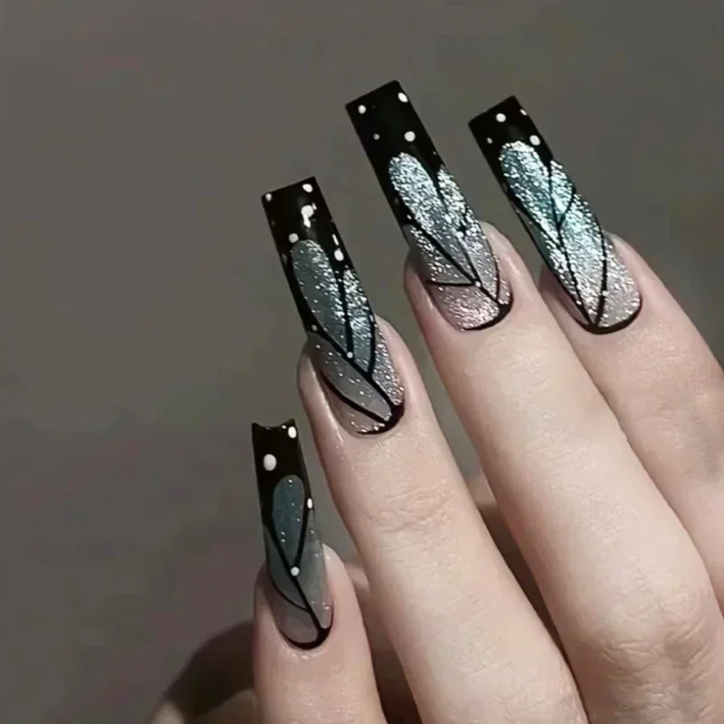 24Pc Long Green False Nails 3D Camellia Butterfly Design Fake Nail Coffin Ballet Press on Nails Artificial Wearable Finished Tip