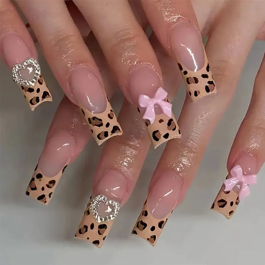 24Pcs Leopard Print Design False Nails with Bow Rhinestone Long Square Press on Nails Wearable French Ballet Fake Nail Tips
