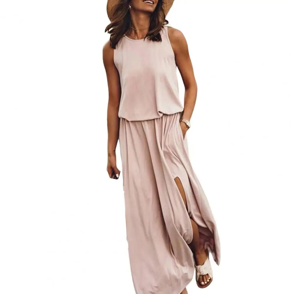 Long Dress Sleeveless Round Neck Solid Color Breathable Friendly to Skin Polyester Women Casual Maxi Dress Summer Sundress