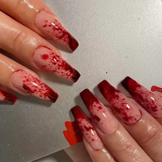 24Pcs Halloween Blood Press on Nails Set Long Coffin Glossy Acrylic Nail Tips Full Cover Ballerina False Nails for Women&Girls