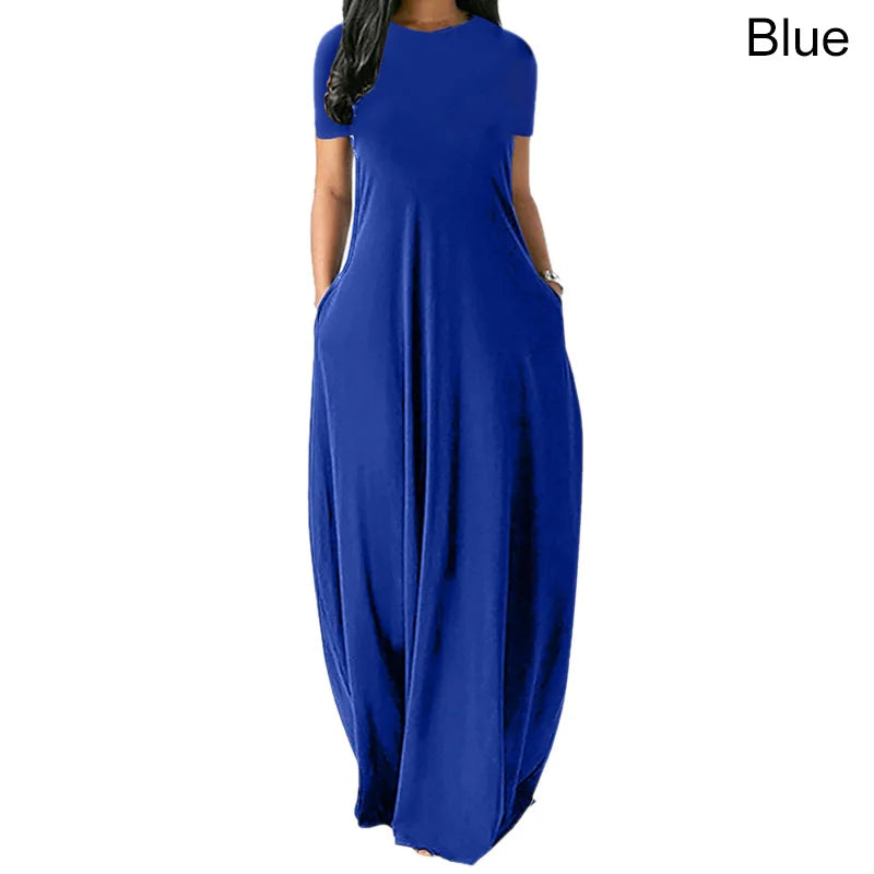 Women’s Oversize Long Dress Casual Solid Color O-Neck Pockets Summer Dress Female Plus Size Short Sleeve High Waist Maxi Dresses
