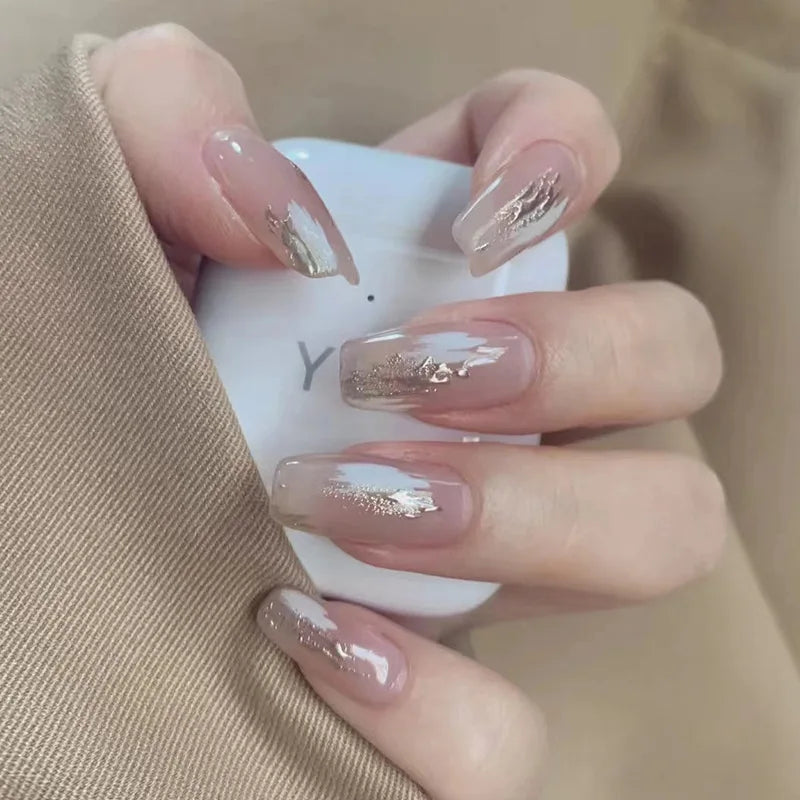 24Pcs/Box Gradient Color Artifical Press On Nails With Glue Long Coffin Fake Nails Lovely Girls Nail Art Ballerina False Nails