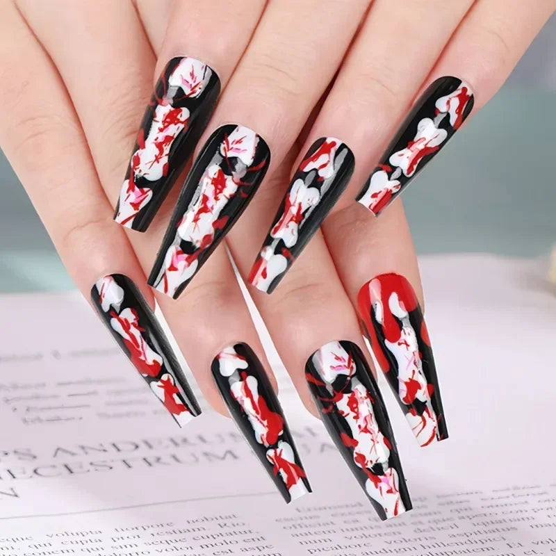 24Pcs Halloween Ghost Press on Nails Personalized Cobweb Pattern Teardrop Nails Full Cover False Nail for Women&Girls Party Wear