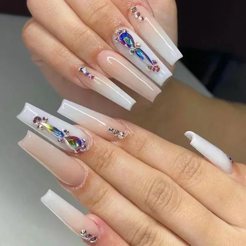 24Pcs Pink French False Nails French with Rhinestone Acrylic Fake Nail Tips Detachable Coffin Press on Nails Full Cover Manicure