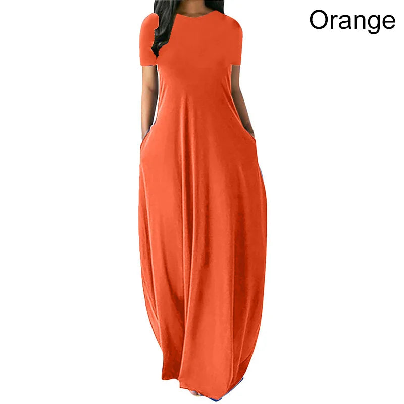 Women’s Oversize Long Dress Casual Solid Color O-Neck Pockets Summer Dress Female Plus Size Short Sleeve High Waist Maxi Dresses