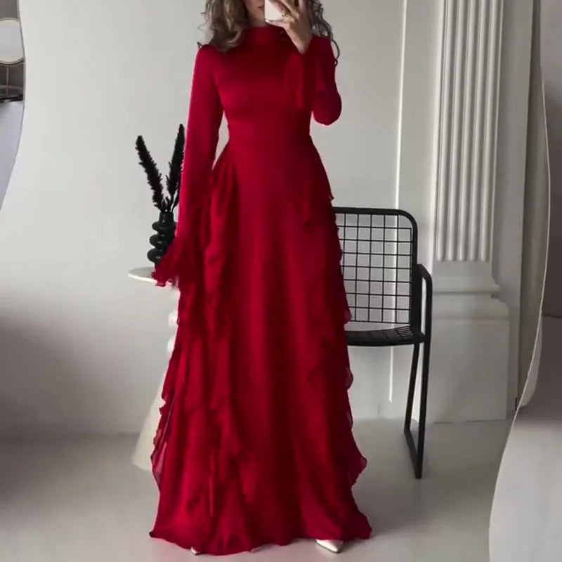 Elegant Women's O-neck Ruffled Slim Long Dress Autumn Flared Sleeves Solid Casual Dress New Temperament High Waist Banquet Dress