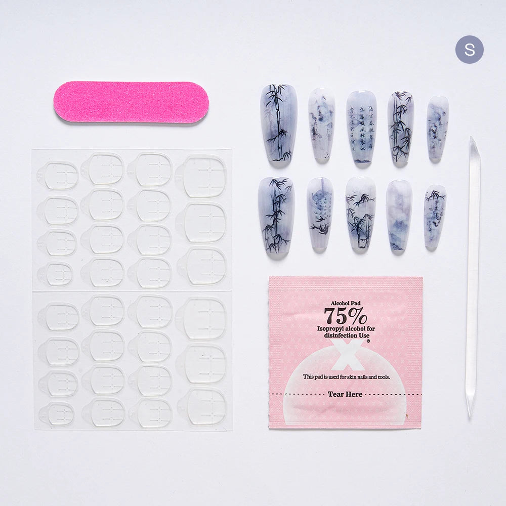 10PCS Chinese Bamboo Long Press on Nails Poetry Painting Design Fake Nails Set Reusable Full Cover Acrylic Nails Art for Women