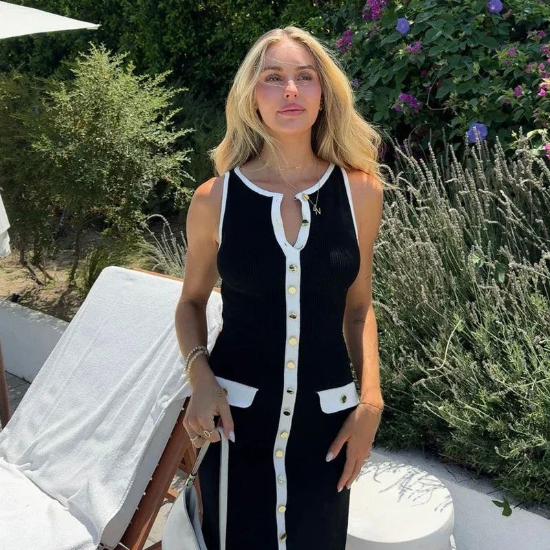 Elegant Sleeveless Single-breasted Ribbed Sweaters Long Dress for Women High Waist Bodycon Knitted Fake Pocket Dress New