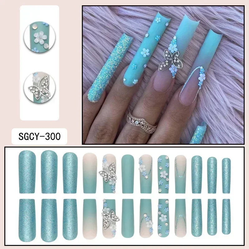 24Pc Long Green False Nails 3D Camellia Butterfly Design Fake Nail Coffin Ballet Press on Nails Artificial Wearable Finished Tip