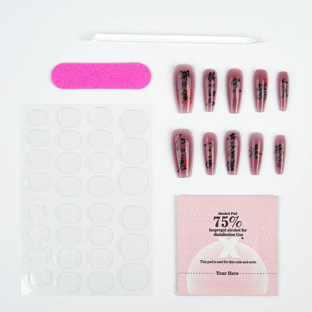 10PCS Chinese Bamboo Long Press on Nails Poetry Painting Design Fake Nails Set Reusable Full Cover Acrylic Nails Art for Women