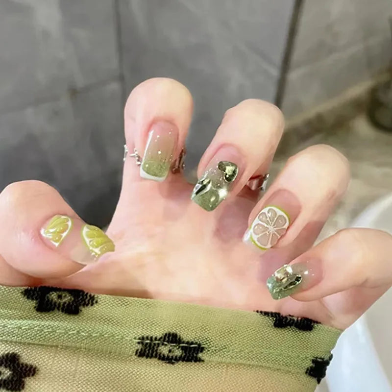 24Pcs/Box Gradient Color Artifical Press On Nails With Glue Long Coffin Fake Nails Lovely Girls Nail Art Ballerina False Nails