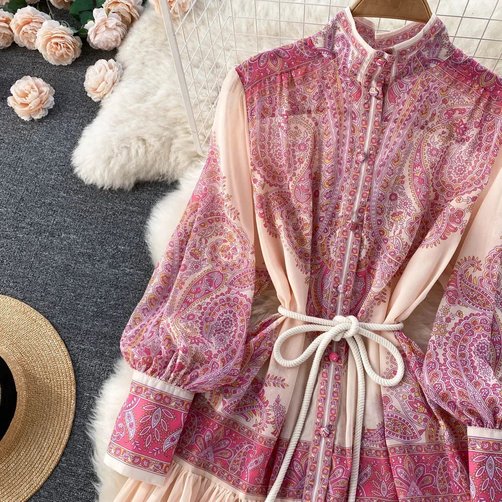 2024 Early Spring New Sensibility Niche Stand Collar Lantern Sleeve Printing Dress Loose Fit Slimming Elegant Long Dress