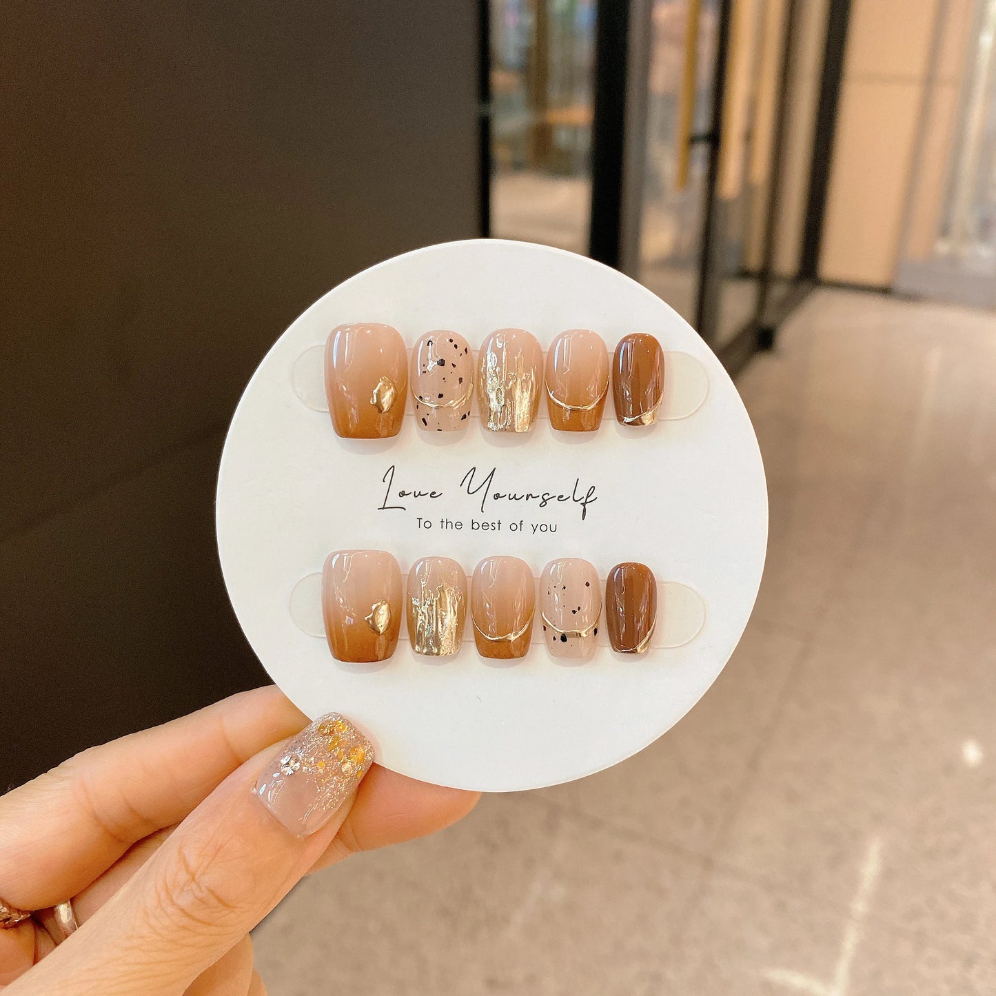 10Pcs Gradient Brown Coffin False Nails Long Ballet Fake Nails with French Edge Design Glitter Wearable Press on Nails Manicure