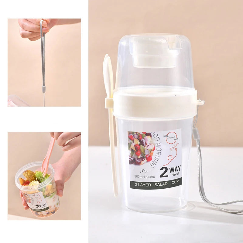 Portable Double-Layer Salad Cup Oatmeal Cereal Nut Yogurt Salad Cup Container Set With Fork School Lunch Box Food Storage Box