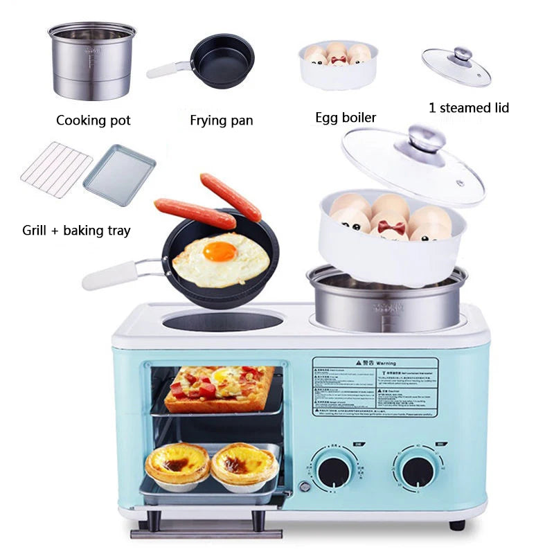 Household Electric 4 in 1 Breakfast Machine Mini Bread Toaster Baking Oven Omelette Fry Pan Hot Pot Boiler Food Steamer