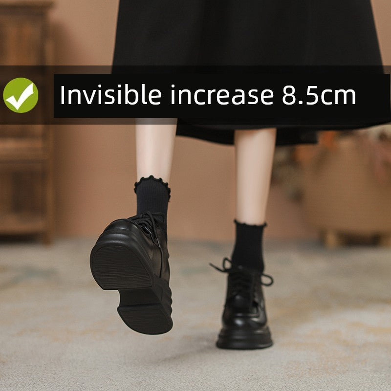 Jiang Yan Same Style Wear Elevator Women's Shoes 8cm British Style Small Leather Shoes Platform Shoes with Wide Leg Pants Small Single Shoes