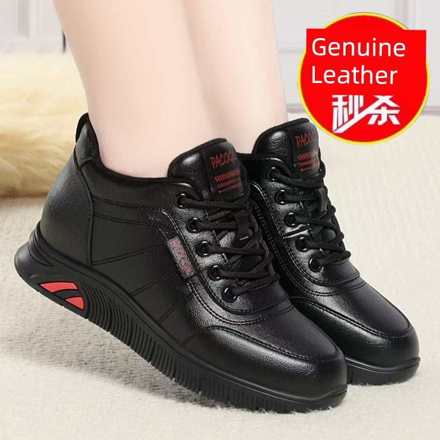 Genuine Leather Middle-Aged and Elderly Mom Shoes Women 2025 Fleece-lined Fall and Winter New Arrival Soft Bottom Non-Slip Comfortable Warm Leisure Sneaker