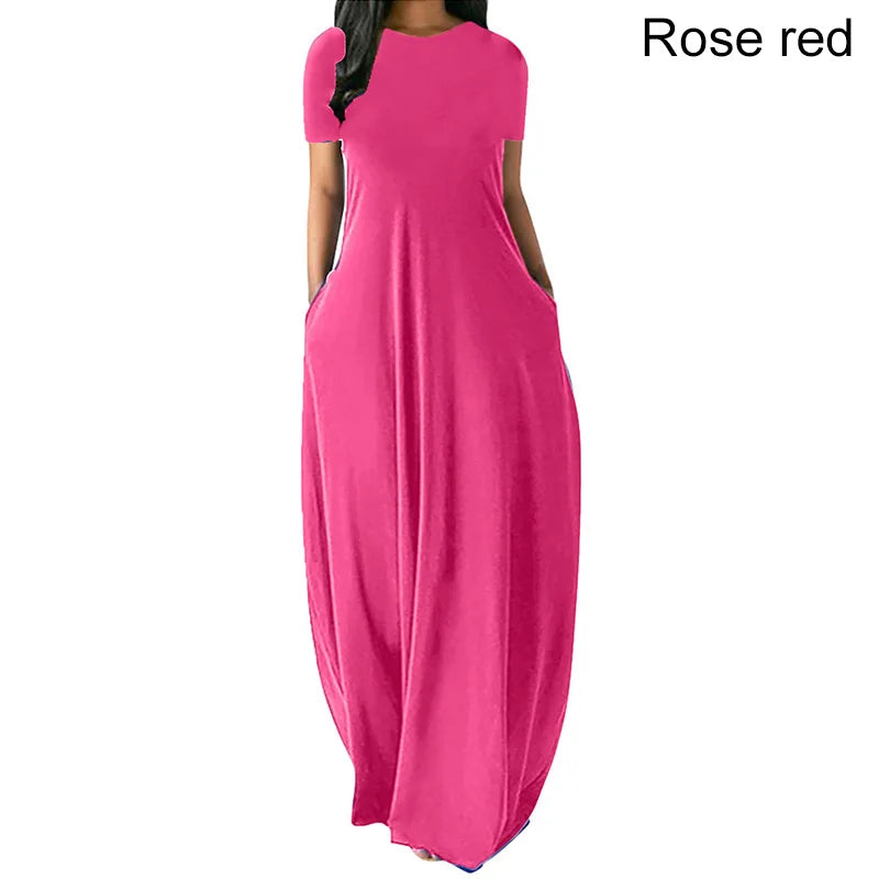 Women’s Oversize Long Dress Casual Solid Color O-Neck Pockets Summer Dress Female Plus Size Short Sleeve High Waist Maxi Dresses
