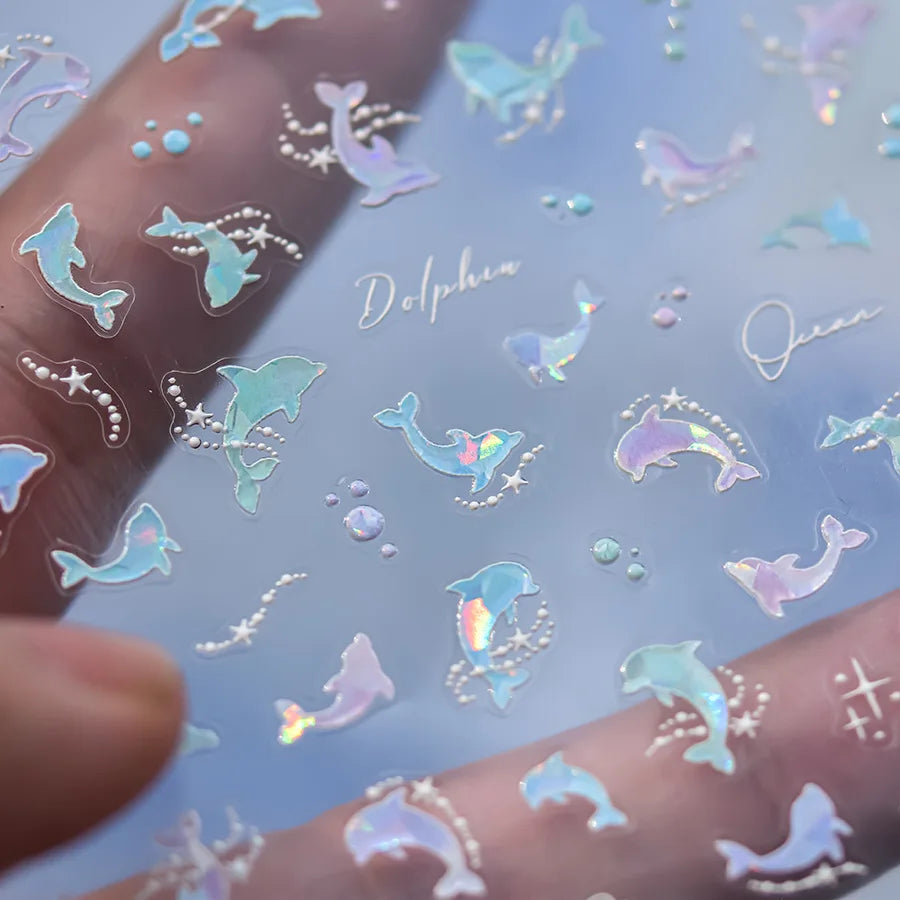 1Sheet Shell Light Nail Sticker 5D Cute Jelly Dream Water Bubble Dolphin Sticker Press On Nails Japanese Nail Decorations Decals