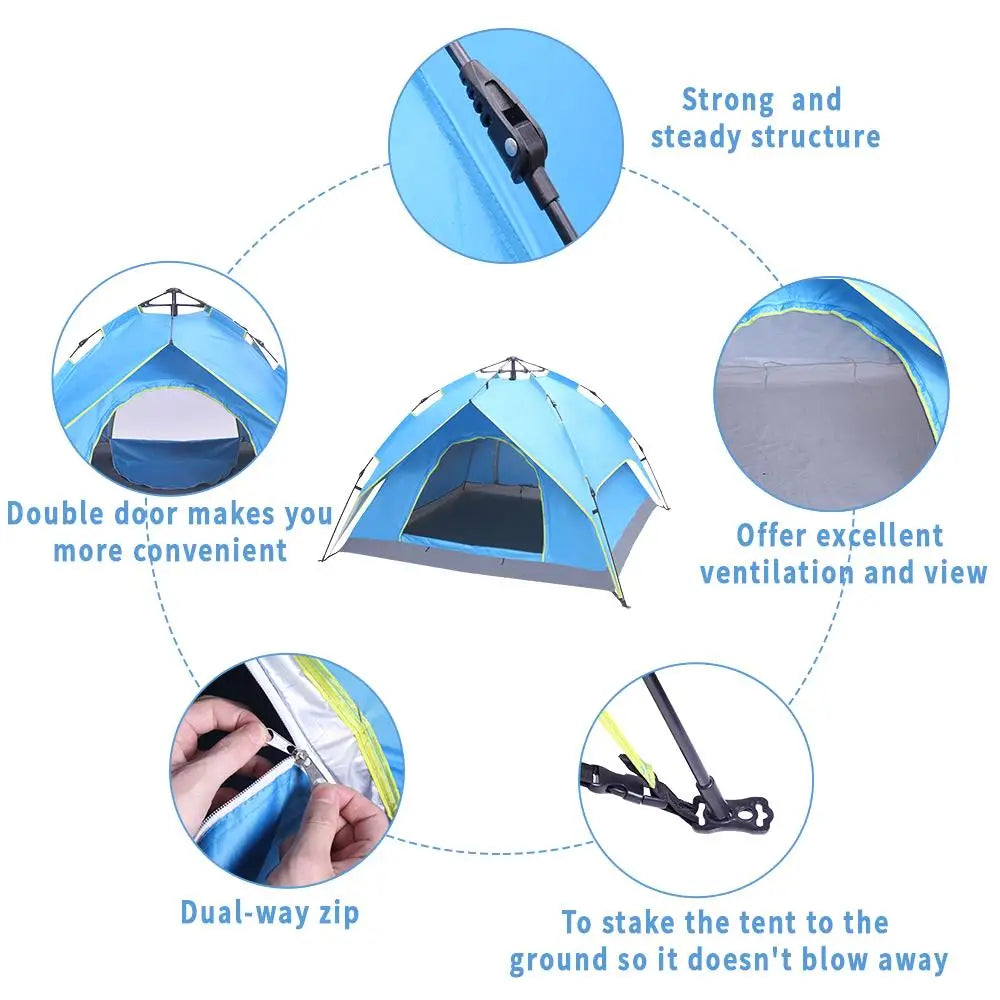 2-3 Person Dual-Layer Hydraulic Automatic Tent - Easy Setup Outdoor Camping Shelter in Blue