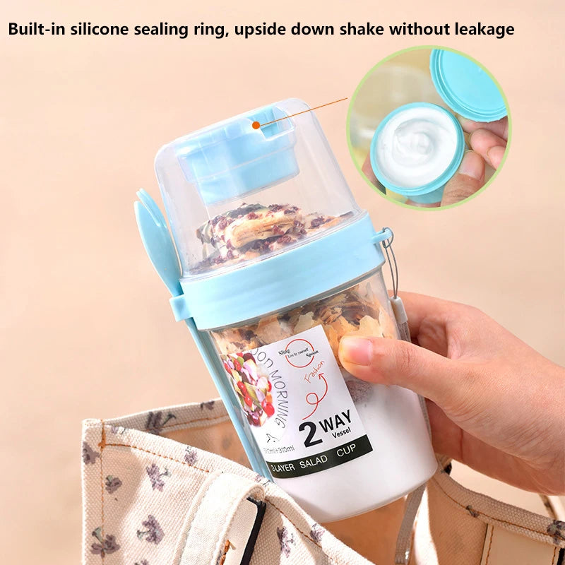 Portable Double-Layer Salad Cup Oatmeal Cereal Nut Yogurt Salad Cup Container Set With Fork School Lunch Box Food Storage Box