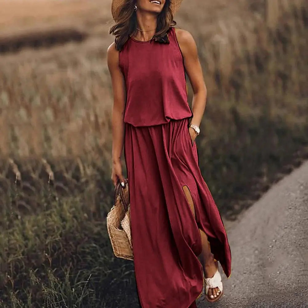 Long Dress Sleeveless Round Neck Solid Color Breathable Friendly to Skin Polyester Women Casual Maxi Dress Summer Sundress