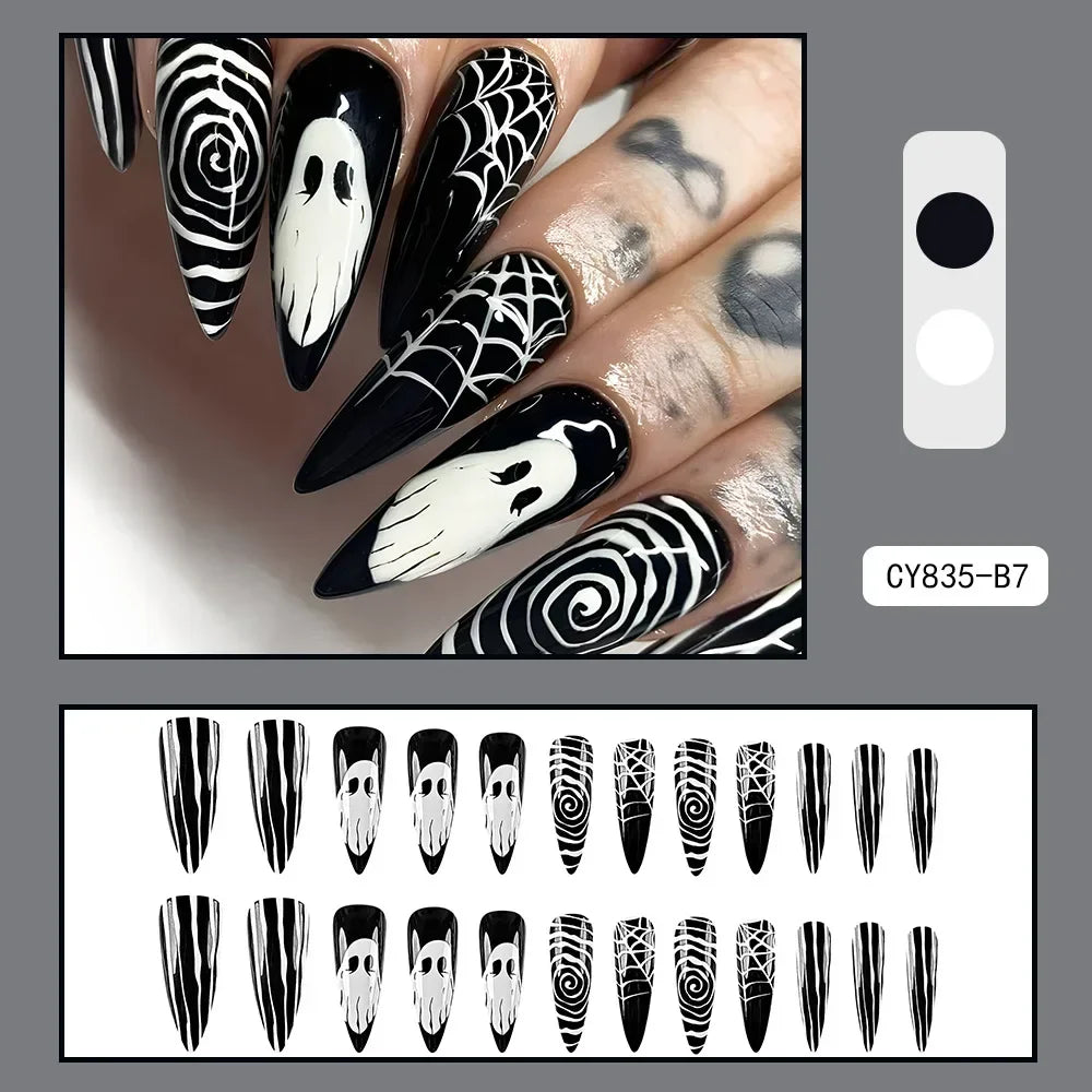 24Pcs Halloween Ghost Press on Nails Personalized Cobweb Pattern Teardrop Nails Full Cover False Nail for Women&Girls Party Wear